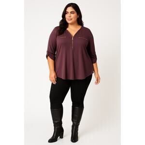 MPH Collections Plum Gold Zip Front Blouse 3X